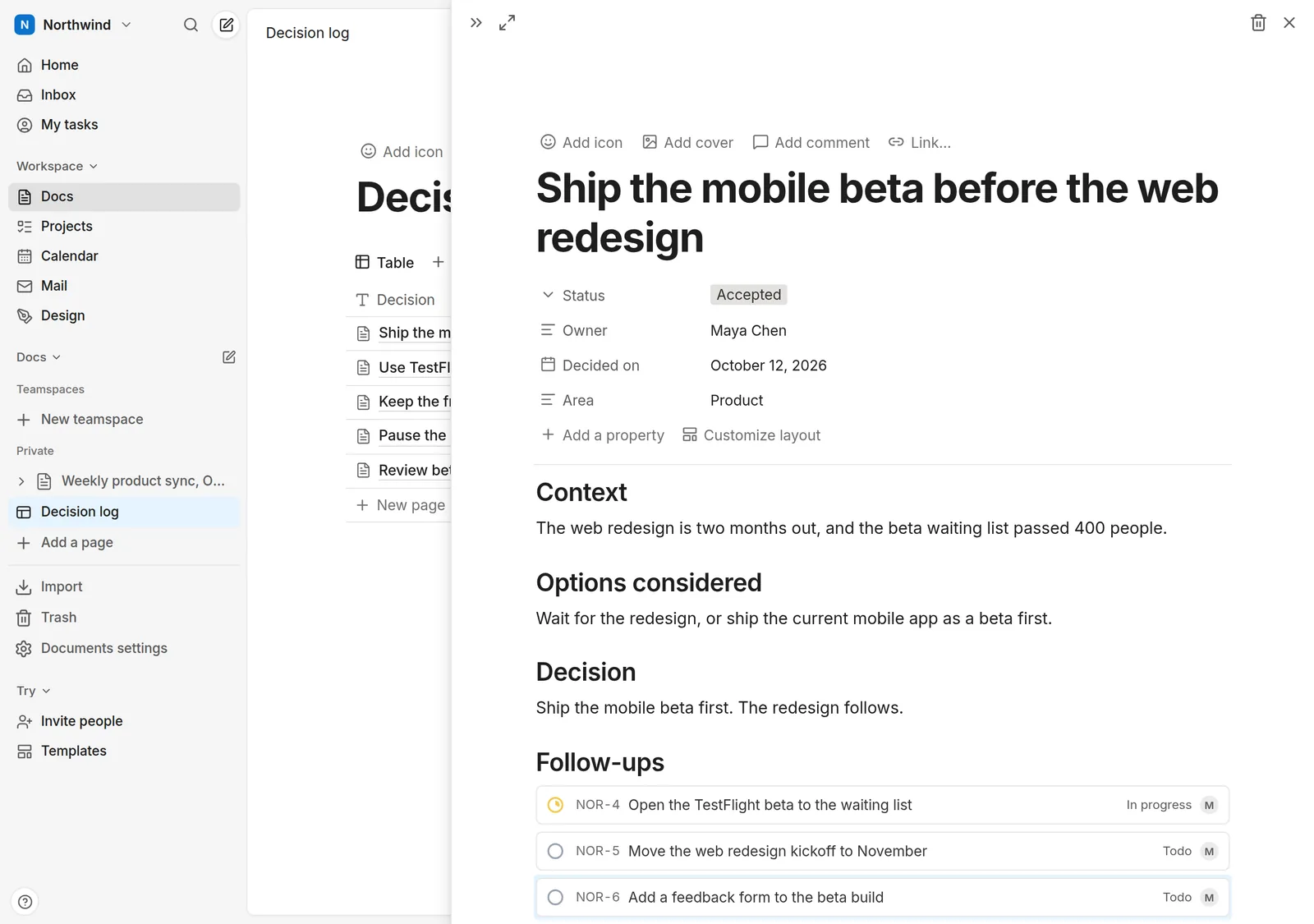 A decision page open beside the Decision log table, with Context, Options considered, Decision and Follow-ups sections; the three follow-ups are live issues, one in progress