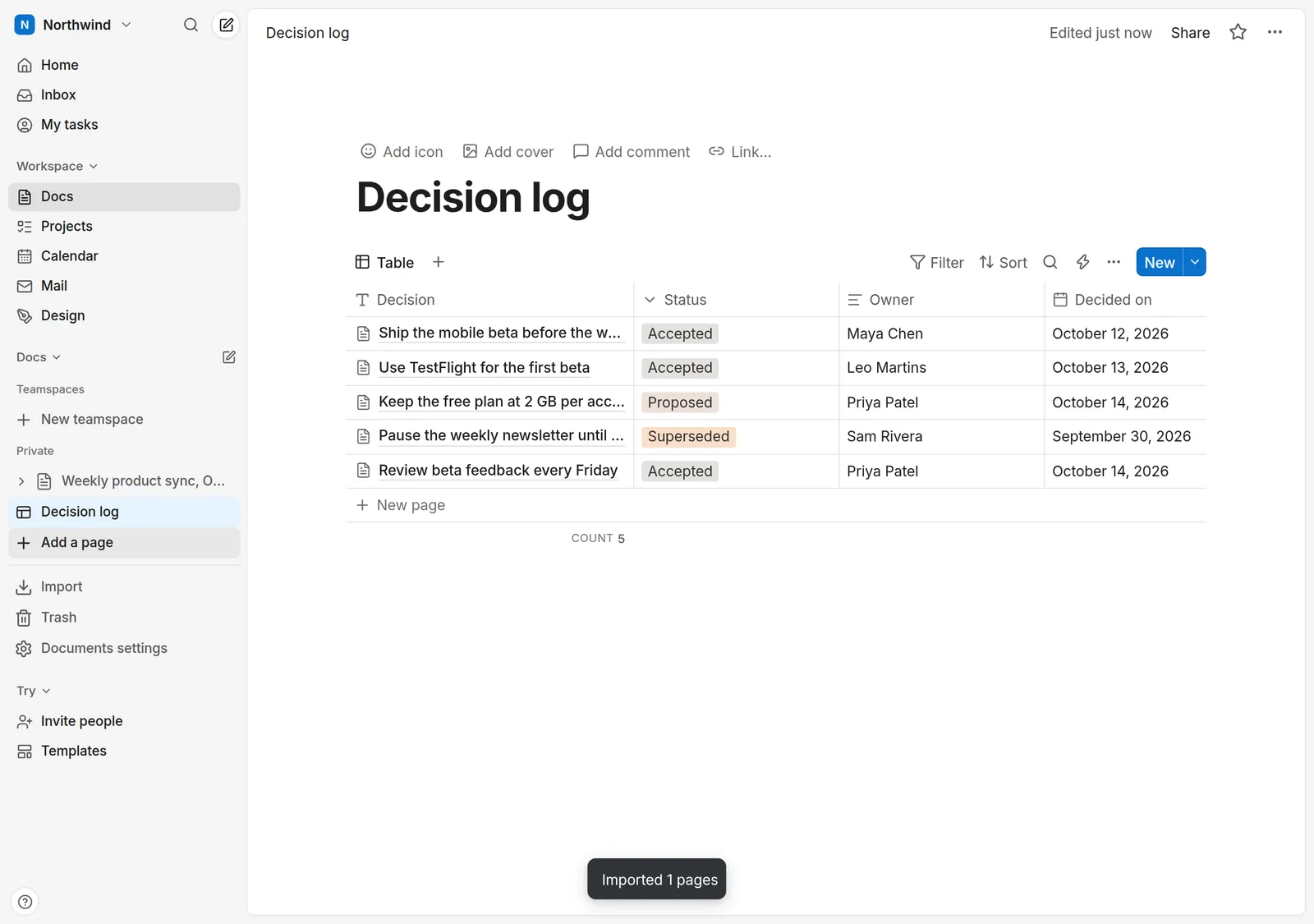 A Decision log database in zvena Docs as a table with Decision, Status, Owner, Decided on and Area columns and five example decisions