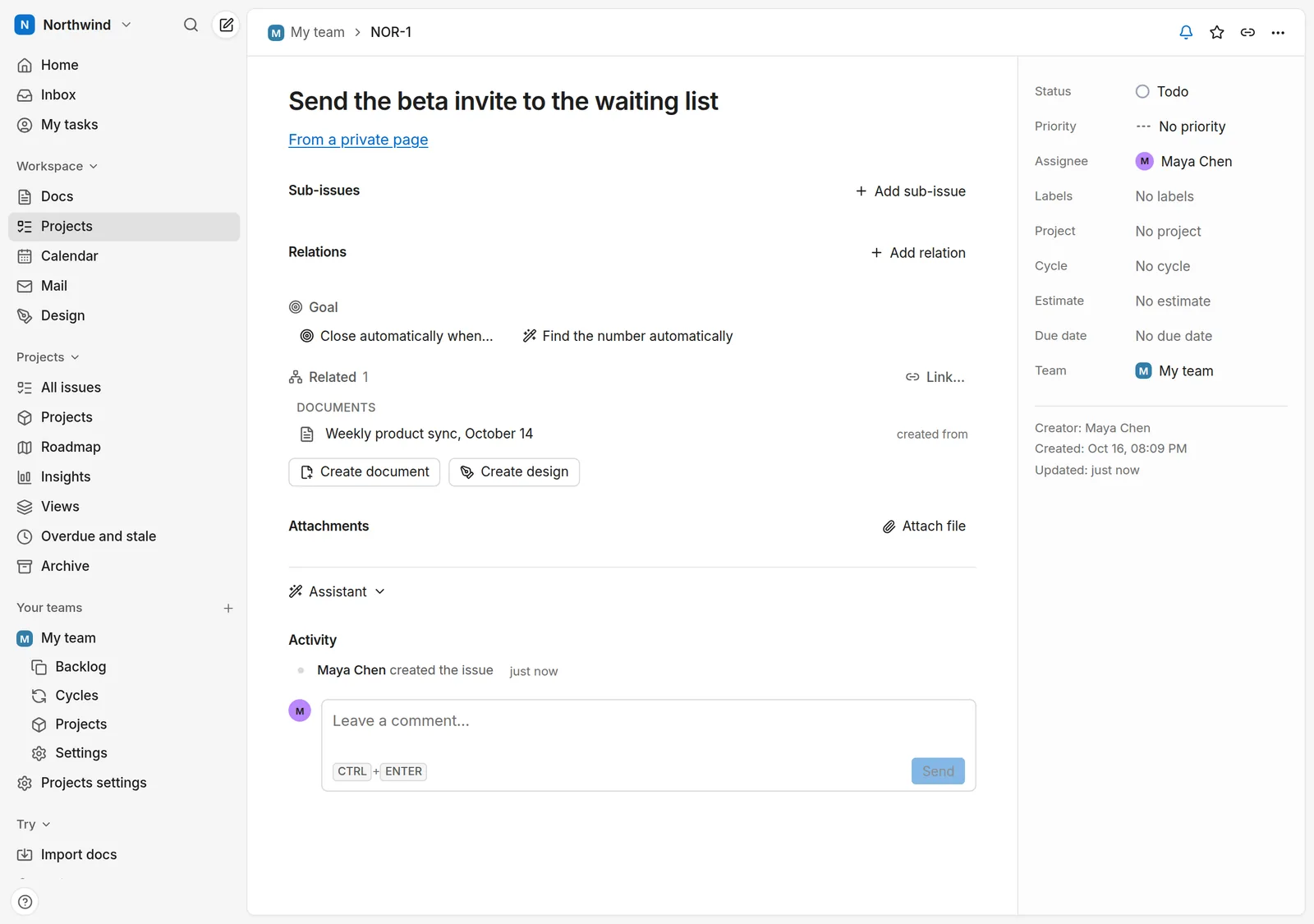 The issue NOR-1 in zvena Projects, with a link to the private page it came from and the meeting note listed under Related