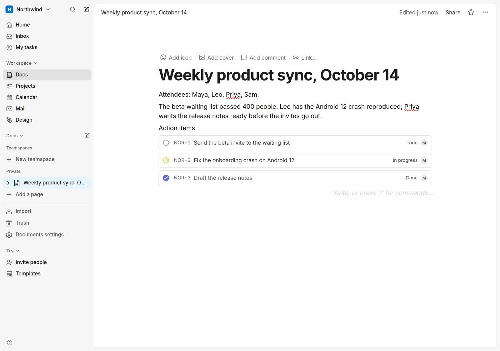 The same meeting note after conversion: three live issues, NOR-1 to do, NOR-2 in progress, NOR-3 done