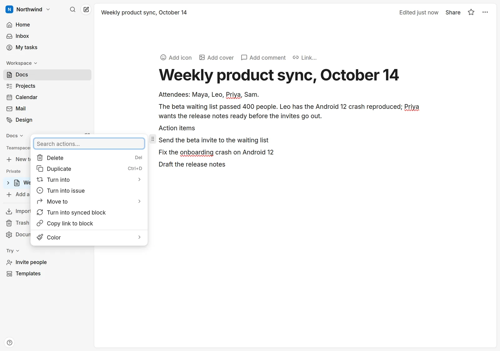 A meeting note in zvena Docs with three action-item lines and the block menu open on “Turn into issue”