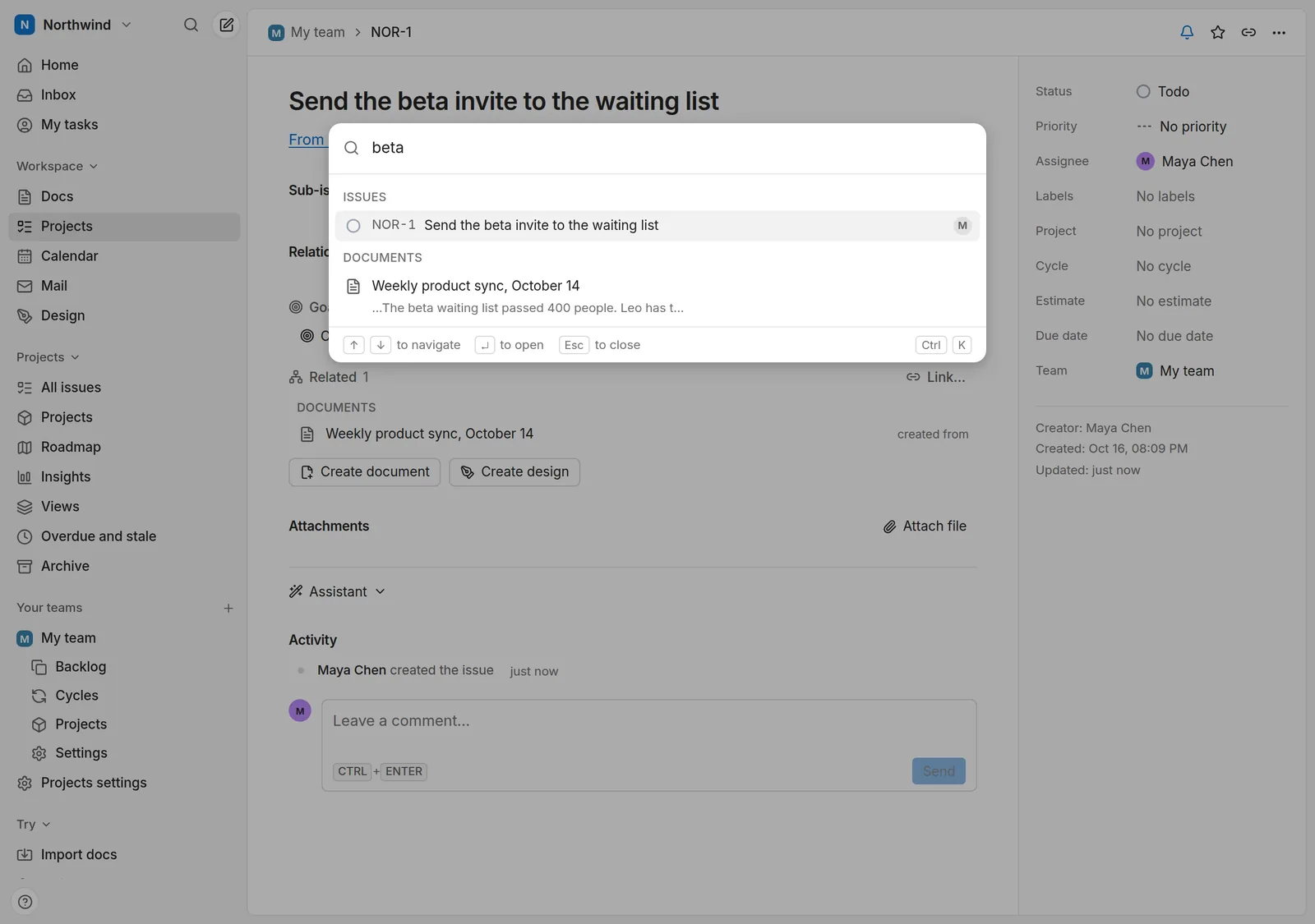The zvena search box after typing “beta”, showing the issue NOR-1 and the weekly sync note in one list