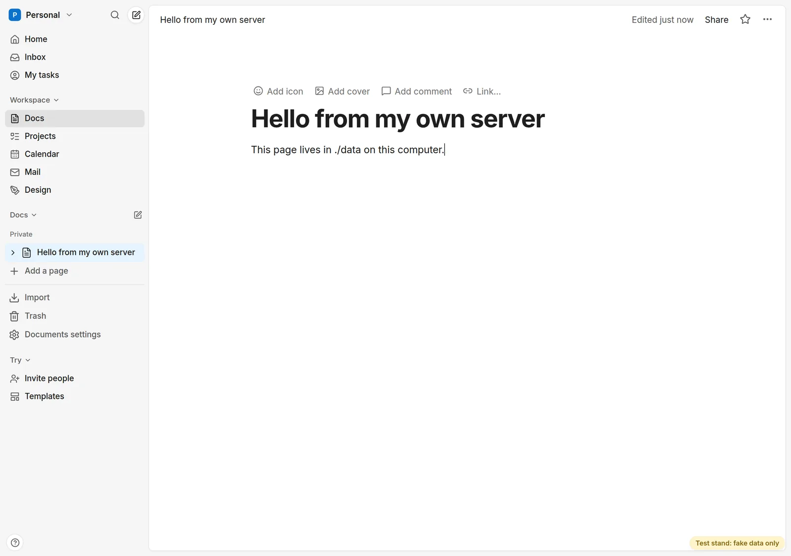 A zvena Docs page open in a copy running on a local computer, with the sidebar showing Home, Docs, Projects, Calendar, Mail and Design