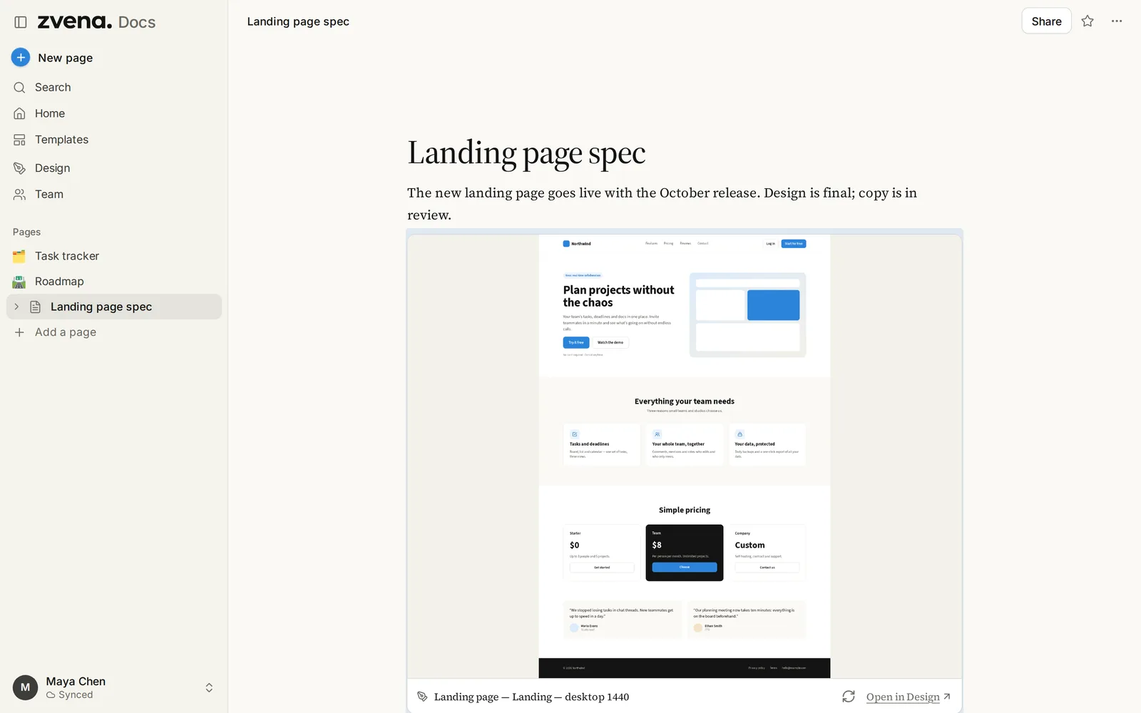 A product spec in zvena Docs with a live frame from zvena Design
