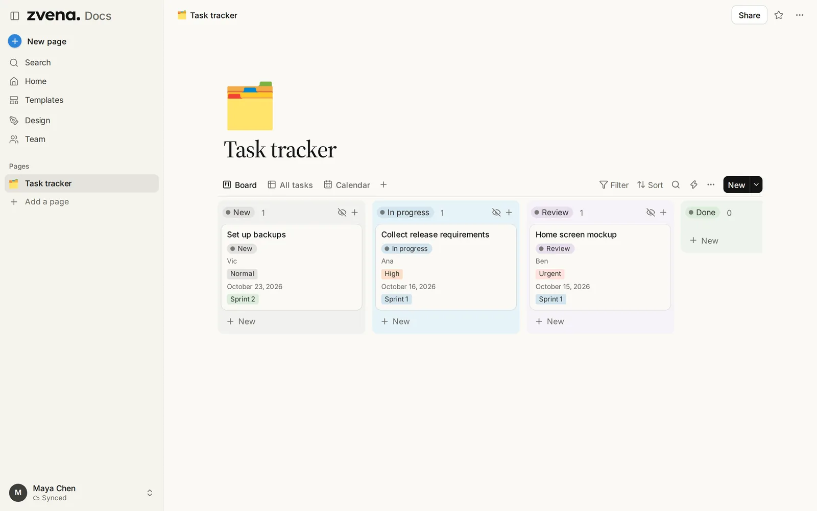 zvena Docs: a task tracker board