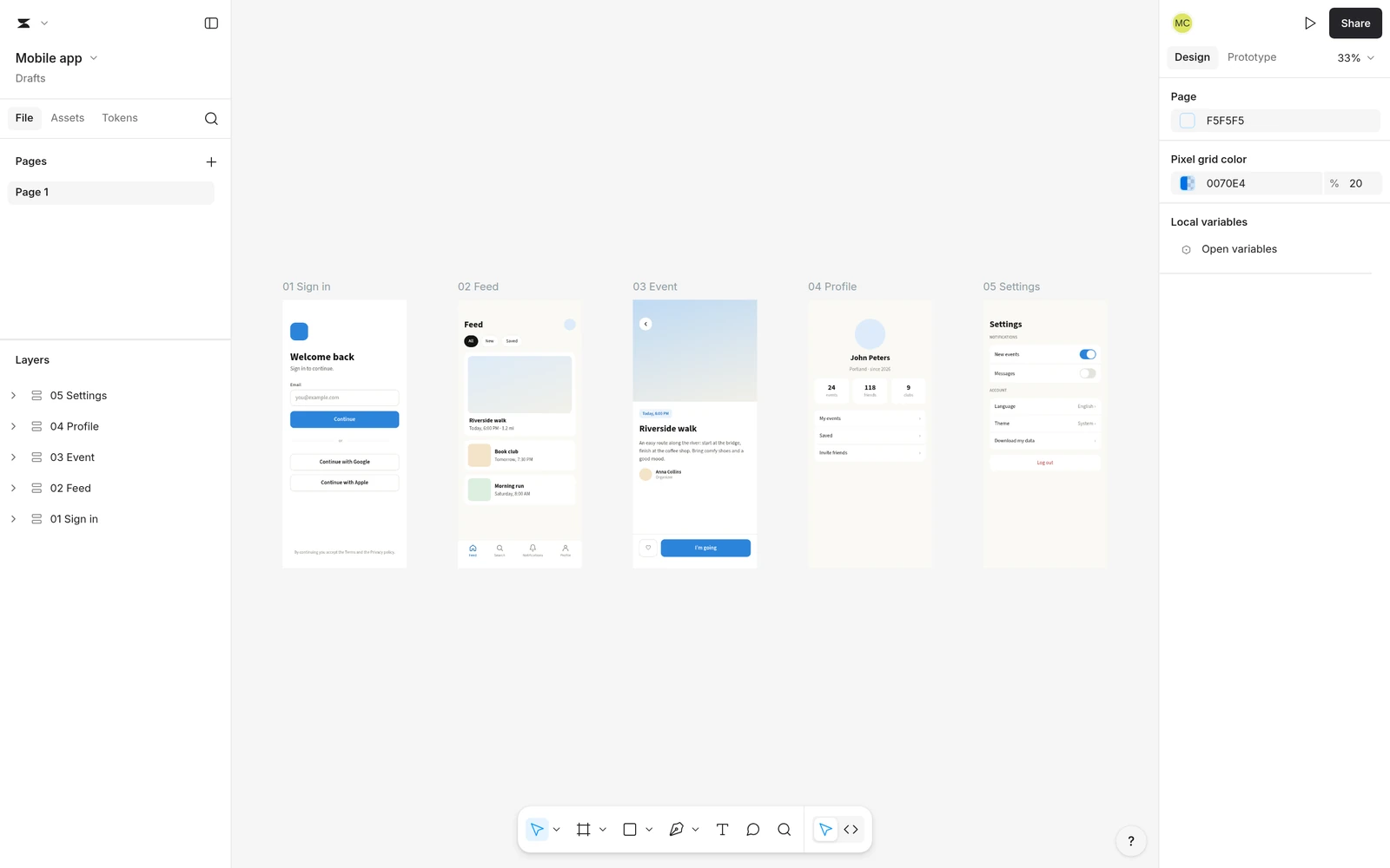 The Mobile app template open in zvena Design: sign in, feed, event, profile and settings