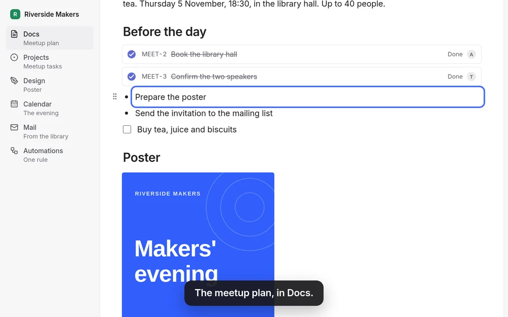 The meetup plan, in Docs.