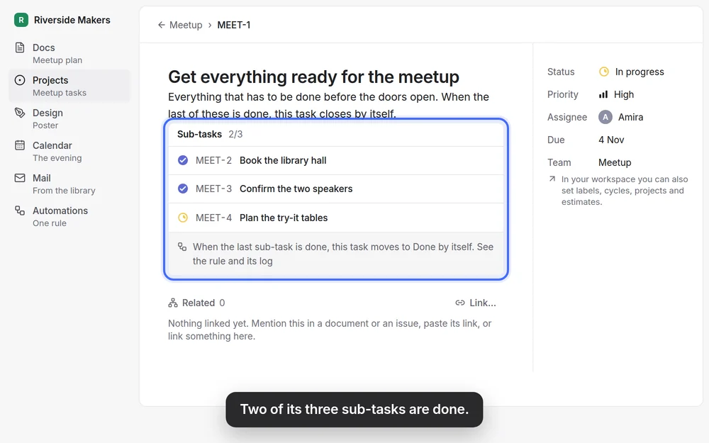 Two of its three sub-tasks are done.