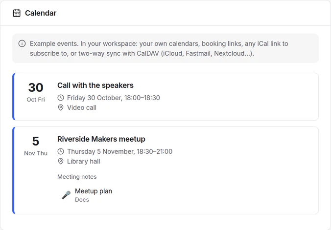 Calendar in the demo: the call with the speakers, and the meetup evening with its meeting notes, the Meetup plan