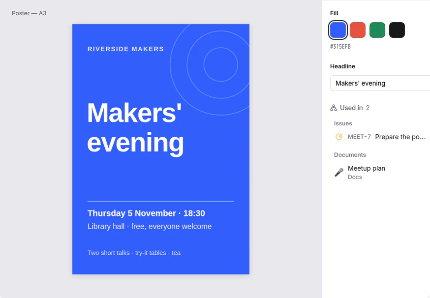 The meetup poster in the demo’s Design preview: the poster on the canvas, its fill colours and headline, and where it is used — the plan and the task