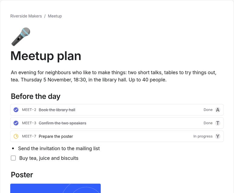 The meetup plan in Docs: a short description, the tasks before the day live in the page, the line “Send the invitation to the mailing list”, a to-do, and the poster