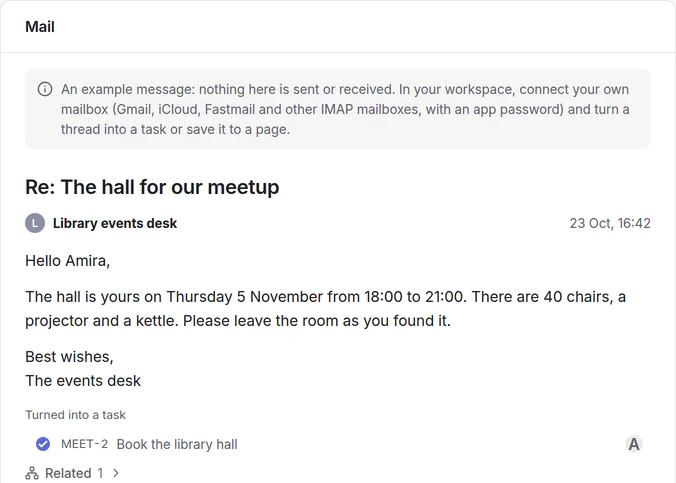 Mail in the demo: the library’s reply that the hall is booked, and the task it became, Book the library hall, done