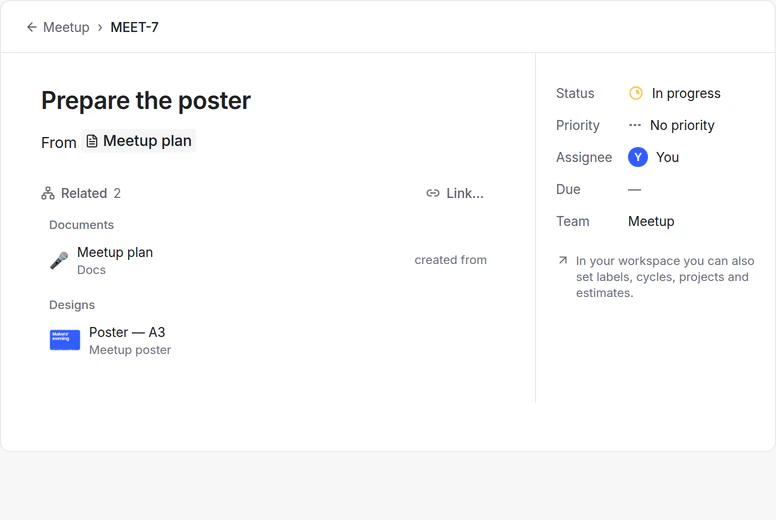 Task MEET-7 in the demo: From Meetup plan, and Related lists the plan and the poster it was linked to