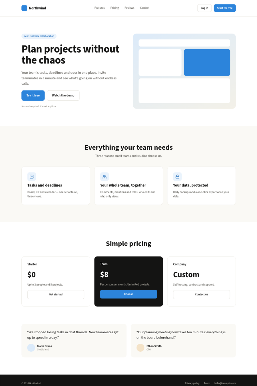 The Landing page template open in zvena Design