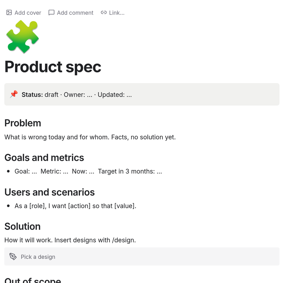 The Product spec template open in zvena Docs