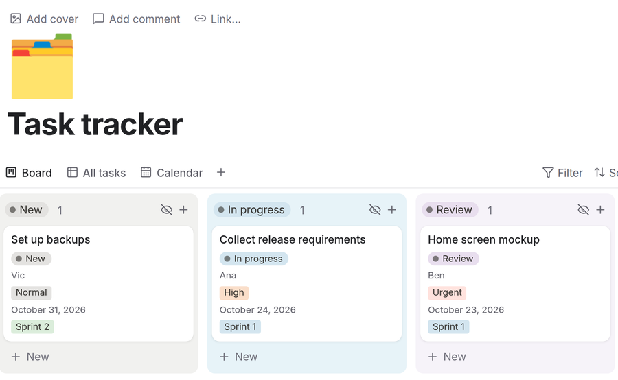 The Task tracker template open in zvena Docs